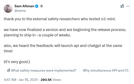 Sam Altman：o3-mini版本已完成，很快上线