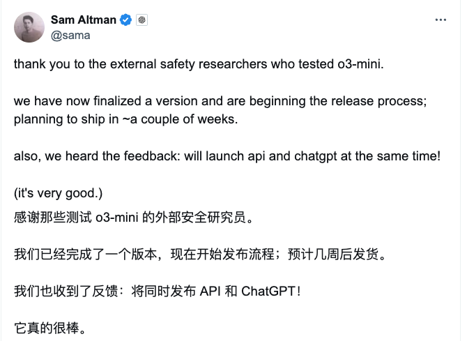 OpenAI 将在几周内推出 o3 mini