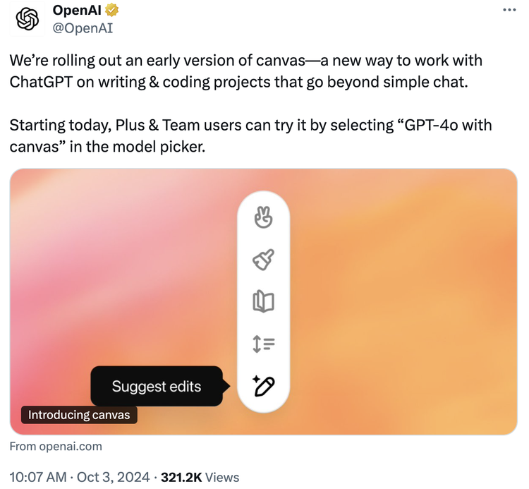 ChatGPT上线全新功能Canvas,这是OpenAI融资66亿美元的底气?