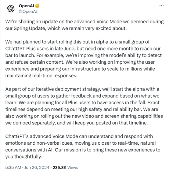 OpenAI推迟GPT-4o语音模式，还需要一个月时间