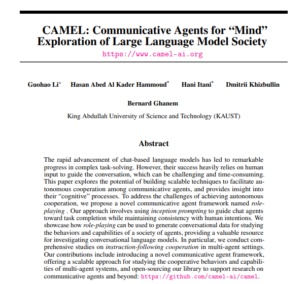 CAMEL：Agent的自主合作新框架-AI智能王
