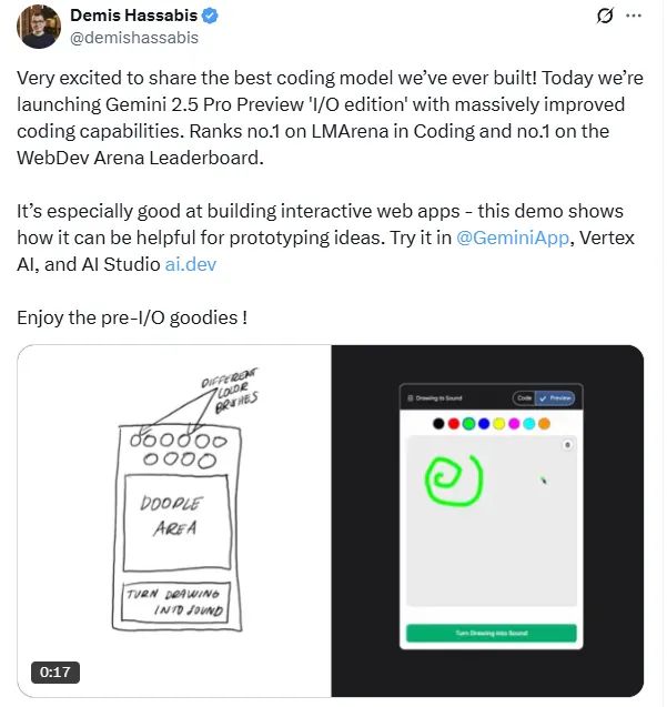 AI编程模型领域迎新王?谷歌发布Gemini 2.5 Pro I/O,单条文本提示即可生成完整应用