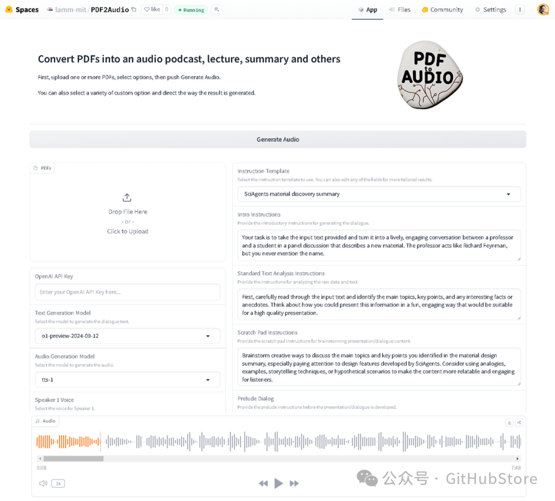 将PDF文档转换成音频播客、讲座或摘要PDF2Audio