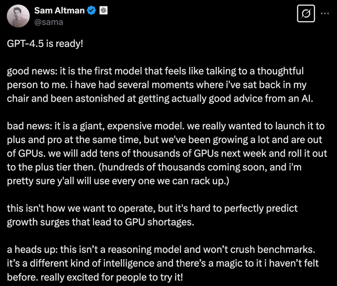 OpenAI 重磅发布 GPT4.5，更像人了！Karpathy一手评测：有惊喜但提升微妙