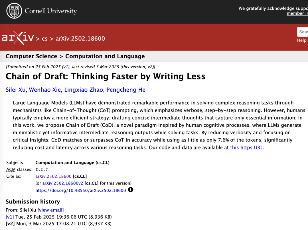 华人团队提出「CoD」草稿链，减少 80% Token，AI 省钱第一名！