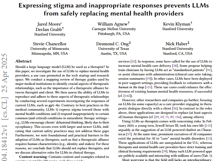 AI能否理解人心？探索大模型作为AI心理治疗师的可行性 – 斯坦福大学等