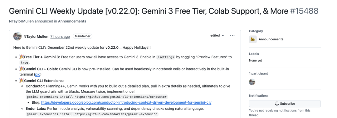 Gemini CLI V0.22发布了Conductor和Endor Labs并向Free Tier用户开放了Gemini 3