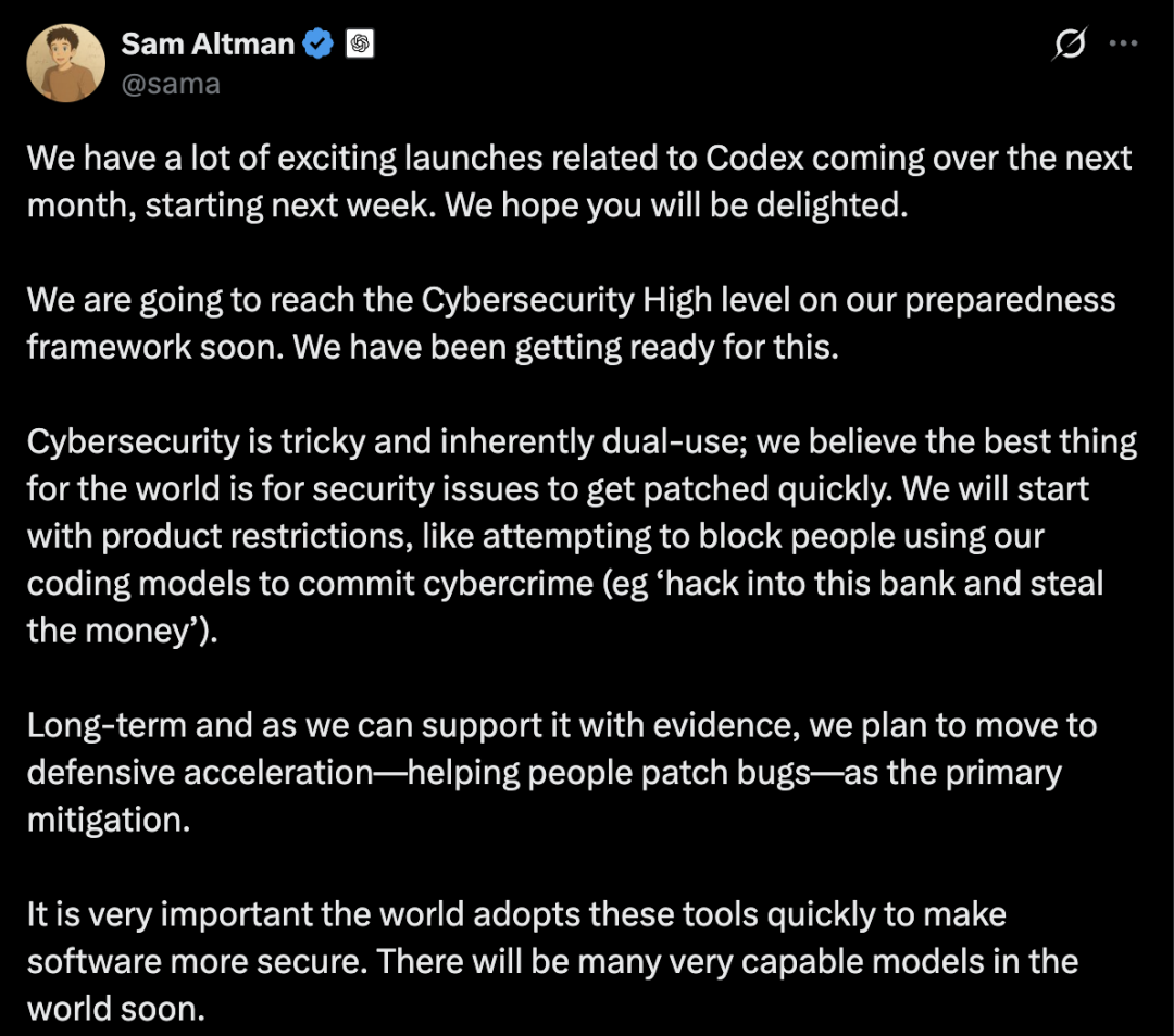 Sam Altman投震撼弹：世界将迎来强大模型，未来一个月Codex重磅更新，网络防御已准备好