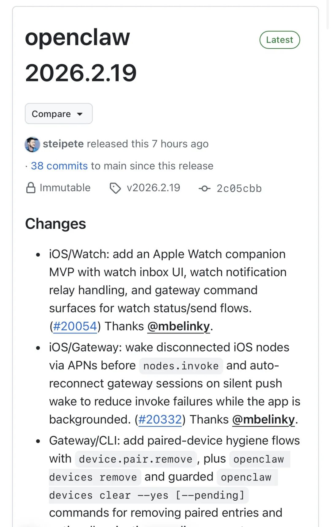 OpenClaw 2026.2.19发布：为Apple Watch打造，40余项安全加固