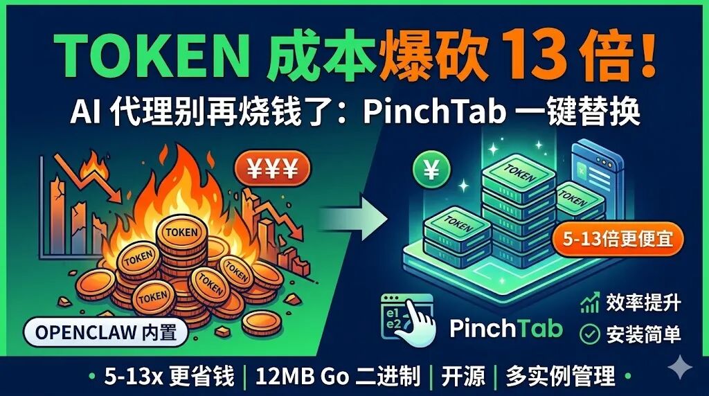 OpenClaw内置浏览器太烧钱？PinchTab一键替换，AI代理省下5-13倍Token，效率直接起飞